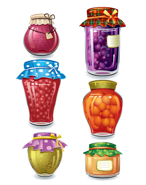 Canned fruits in glass jars vector 01