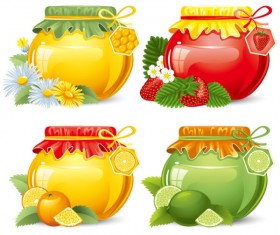 Canned fruits in glass jars vector 02
