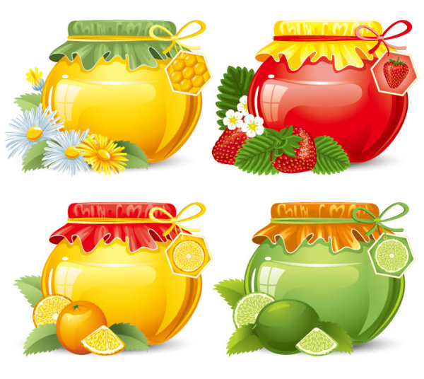 Canned fruits in glass jars vector 02