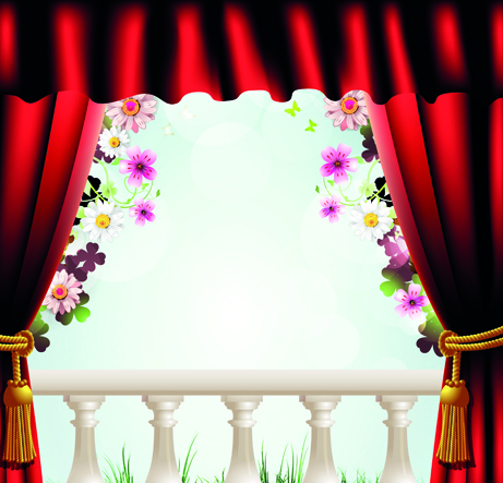 Set of Windowsill and red curtains vector 01