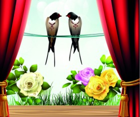 Set of Windowsill and red curtains vector 05