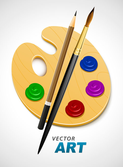 Set of Wooden palette and brushes vector 03