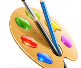 Set of Wooden palette and brushes vector 05