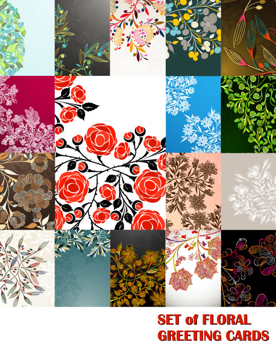 Elements of floral greeting cards vector set 01