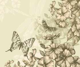 Hand drawn flower with Butterflies and dragonflies vector set 01