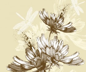 Hand drawn flower with Butterflies and dragonflies vector set 02