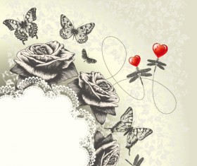 Hand drawn flower with Butterflies and dragonflies vector set 04