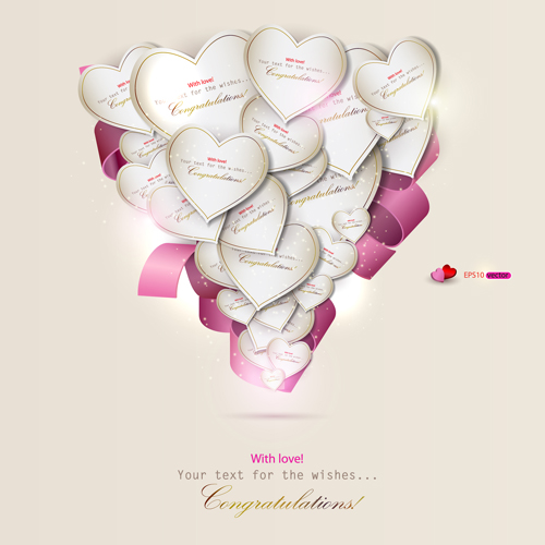 Heart and ribbons Valentine cards vector set 01
