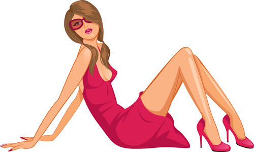 Beautiful Lady in red vector set 02