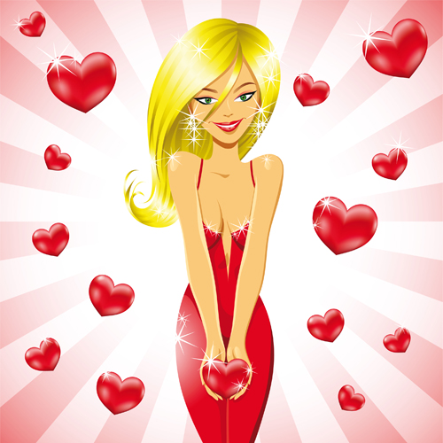 Beautiful Lady in red vector set 04