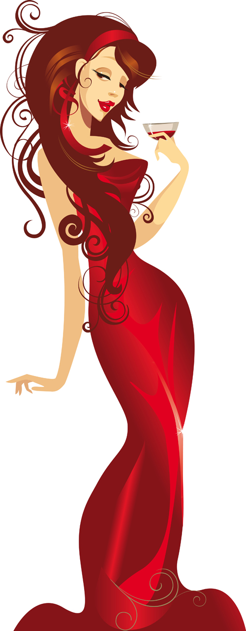 Beautiful Lady in red vector set 05