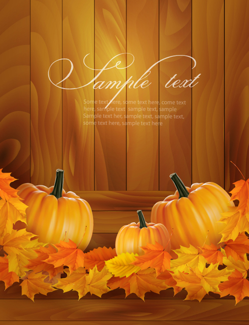 Autumn pumpkin with Wood Board background vector 01