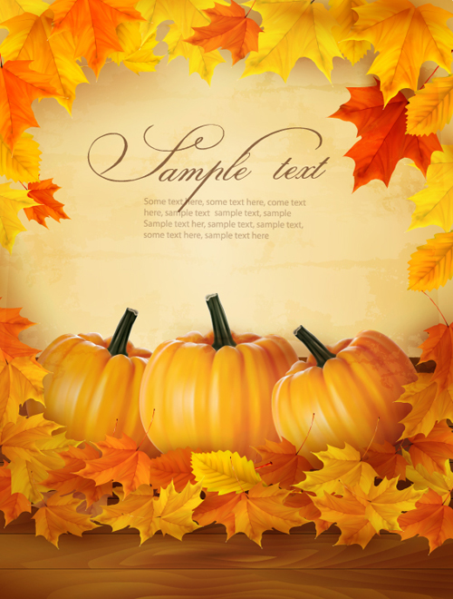 Autumn pumpkin with Wood Board background vector 02