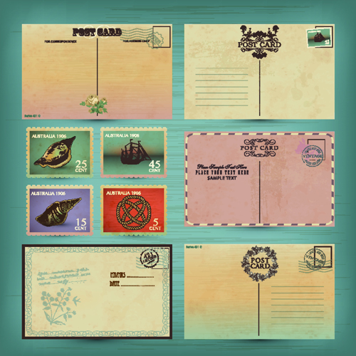 Retro Postcards and Postage Stamps design vector 01