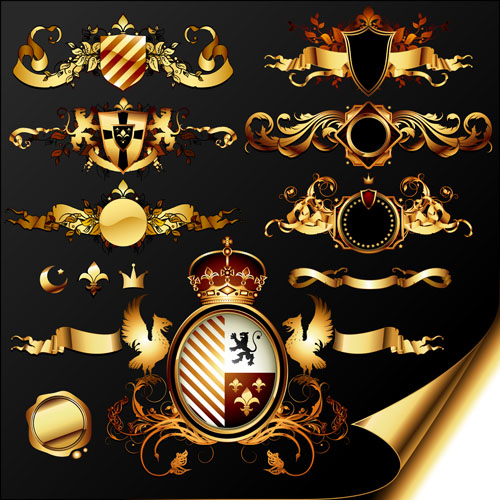 Golden heraldic and decor elements vector 01
