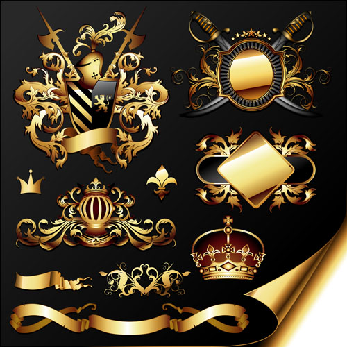 Golden heraldic and decor elements vector 02