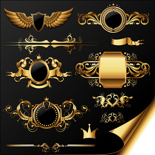 Golden heraldic and decor elements vector 03