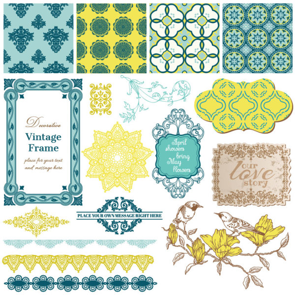 Vintage pattern ,lace,label and frames decor vector Collection 02