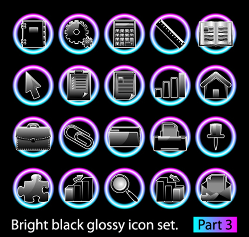 Set of Bright black glossy icon vector 01