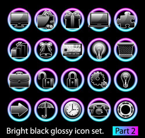 Set of Bright black glossy icon vector 02