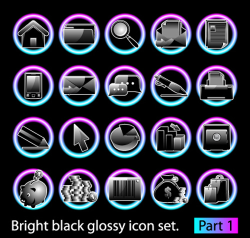 Set of Bright black glossy icon vector 03