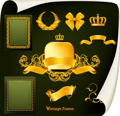 Golden emblem and frames Decorative elements vector 01