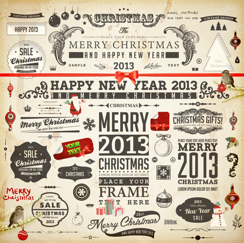 Vintage Christmas and New Year 2013 Ornaments vector 01