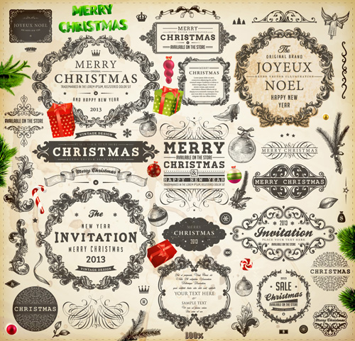 Vintage Christmas and New Year 2013 Ornaments vector 02