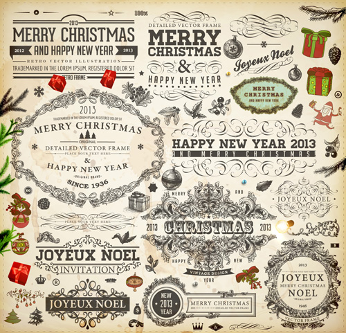 Vintage Christmas and New Year 2013 Ornaments vector 05