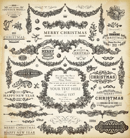 Vintage Christmas and New Year 2013 Ornaments vector 07