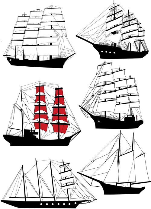 Set of Vivid Sailing vessels design vector 03