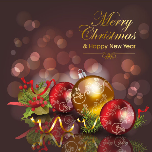 Christmas ornaments with greeting card background vector 04