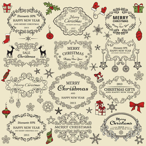 Elements of Christmas vintage frames and ornaments vector 01