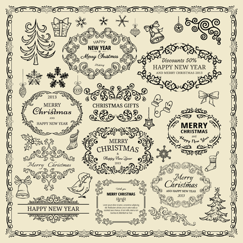 Elements of Christmas vintage frames and ornaments vector 02