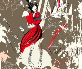 Hand drawn Woman with Fashion art background vector 04