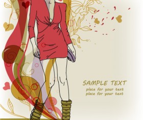 Hand drawn Woman with Fashion art background vector 05