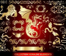Gold heraldic label and ornaments design elements vector 01