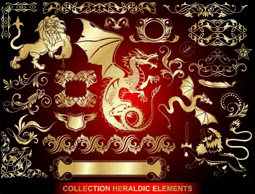 Gold heraldic label and ornaments design elements vector 01