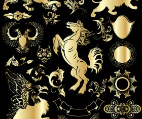 Gold heraldic label and ornaments design elements vector 02