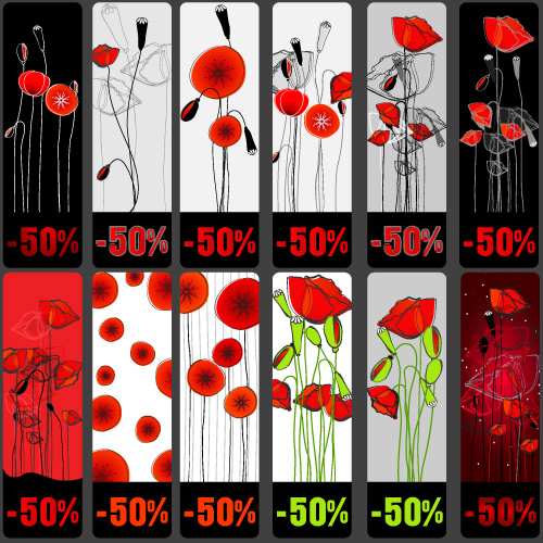 Vivid Poppy flower cards vector 02