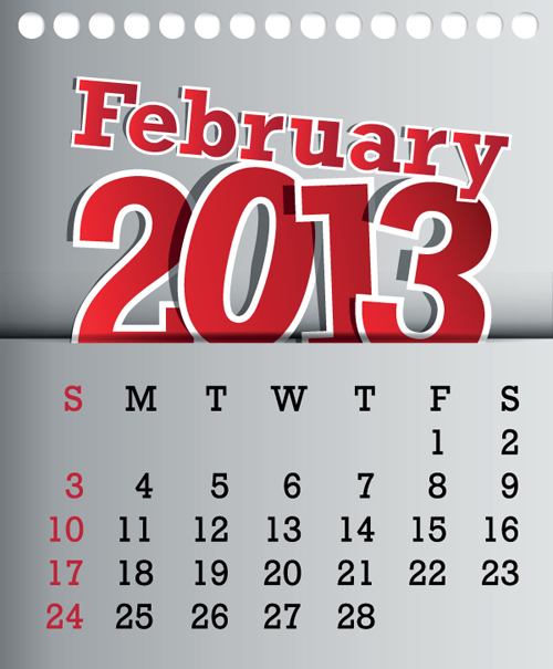 Calendar February 2013 design vector graphic 02 free download