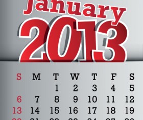 Calendar January 2013 design vector graphic 01