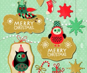 Cartoon cute Christmas labels vintage style vector 04