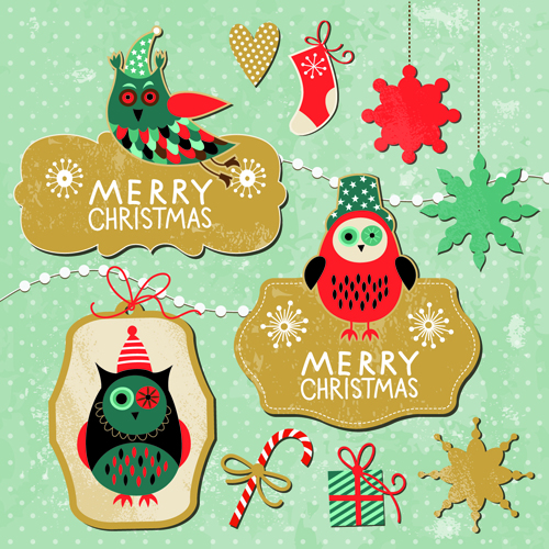 Cartoon cute Christmas labels vintage style vector 04
