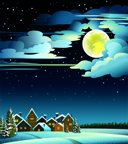 Charming Winter Night landscapes design vector 02
