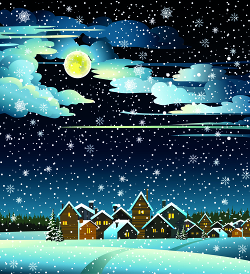 Charming Winter Night landscapes design vector 03