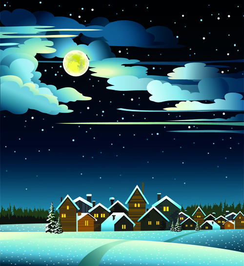 Charming Winter Night landscapes design vector 04
