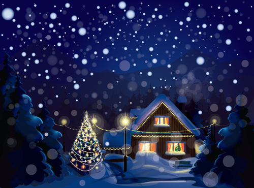 Set of Christmas Night landscapes elements vector 02