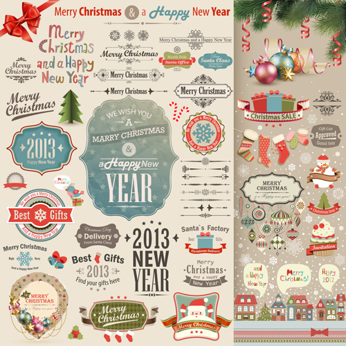 Different Christmas decorative ornaments and labels vector 02