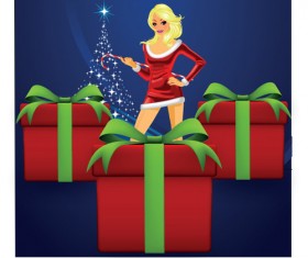 Christmas Girl and gift box design vector material 02